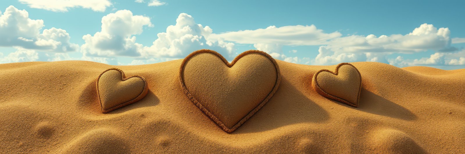 Three sand hearts adorn a desert dune under a bright midday sun